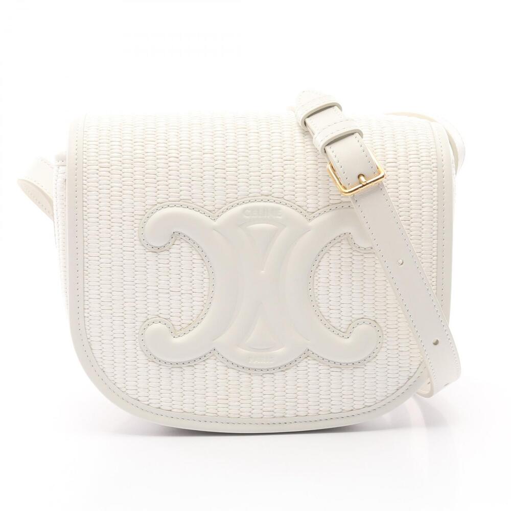 Celine Folco Cuir Triomphe Shoulder Bag White Leather Straw